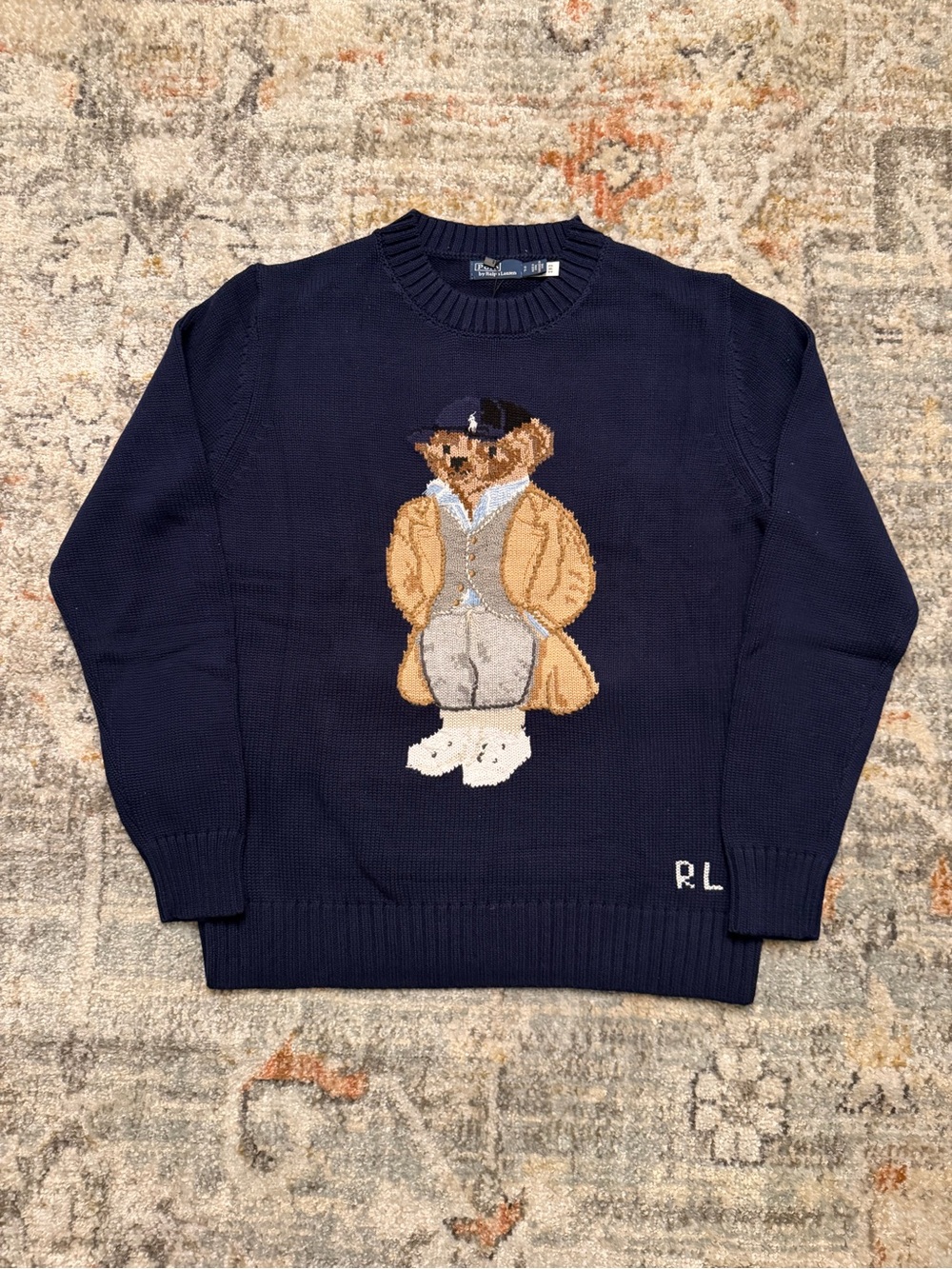 Ralph Lauren Navy Crewneck Sweater with Polo Bear Intarsia